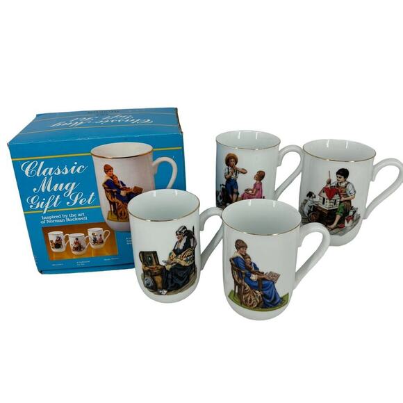 Norman Rockwell Mug Gift Set Vintage 1986 Museum Collections 24 K Gold Trim Cups - Picture 1 of 12